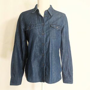 57% cotton, 43% Linen, Talbot's, size 6, blue button down